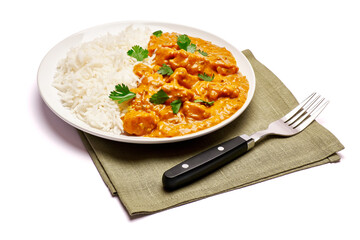Plate of Traditional Chicken Curry and rice isolated on white background with clipping path embedded