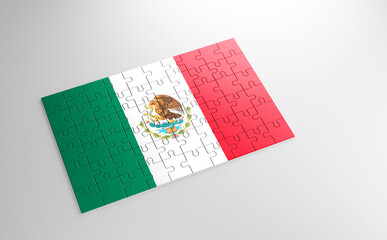 A jigsaw puzzle with a print of the flag of Mexico, pieces of the puzzle isolated on white background. Fulfillment and perfection concept. Symbol of national integrity. 3D illustration.