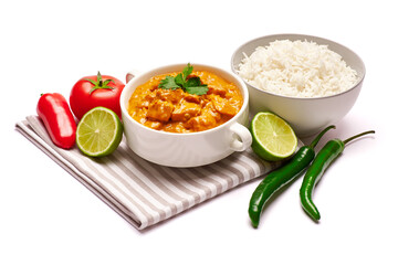 Traditional Chicken Curry and a bowl of boiled rice isolated on white background with clipping path embedded