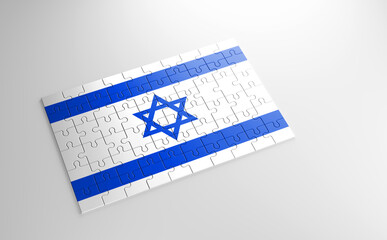 A jigsaw puzzle with a print of the flag of Israel, pieces of the puzzle isolated on white background. Fulfillment and perfection concept. Symbol of national integrity. 3D illustration.