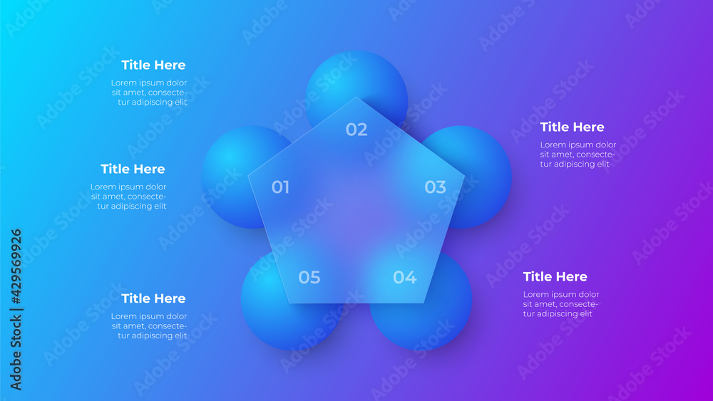 Aufkleber Glassmorphism pentagon infographic concept with 3d geometric shapes. Frosted glass effect. Illustration on blurred gradient vector background