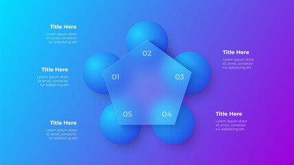 Glassmorphism pentagon infographic concept with 3d geometric shapes. Frosted glass effect. Illustration on blurred gradient vector background - obrazy, fototapety, plakaty