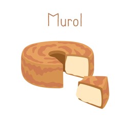 Round wheel of French cheese Murol and cut piece of chees. Donut-like dairy product. Colored flat vector illustration of delicatessen food isolated on white background