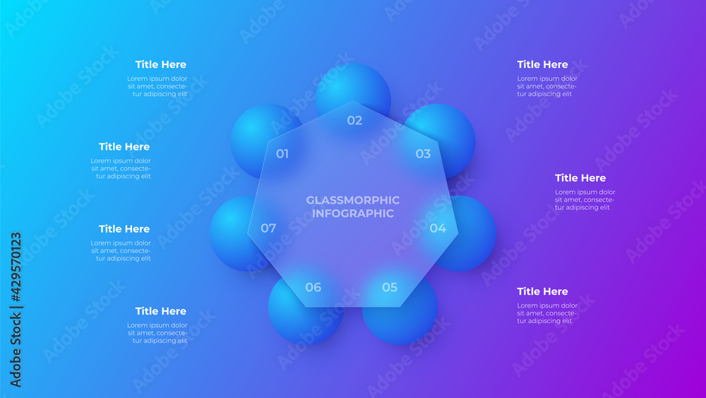 Aufkleber Glassmorphism heptagon infographic concept with 3d geometric shapes. Frosted glass effect. Illustration on blurred gradient vector background