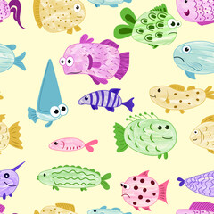 pattern with colorful fish on a yellow background