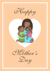 Mother's Day postcard, afro american black skin loving mother and two cute happy children, hugging each other, white heart frame on apricot background, editable strokes of illustration and line frames