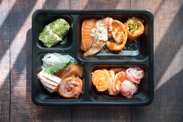 Various of fresh salmon sashimi. The concept of alternative of food business during Covid-19 outbreak