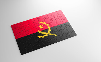 Fototapeta na wymiar A jigsaw puzzle with a print of the flag of Angola, pieces of the puzzle isolated on white background. Fulfillment and perfection concept. Symbol of national integrity. 3D illustration.