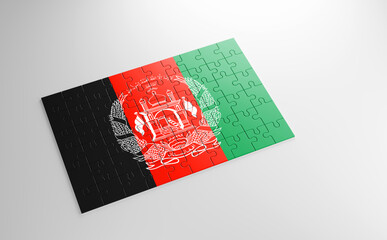 Fototapeta na wymiar A jigsaw puzzle with a print of the flag of Afghanistan, pieces of the puzzle isolated on white background. Fulfillment and perfection concept. Symbol of national integrity. 3D illustration.