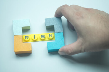 Man hand blocked RISK word by parentheses symbols make from wood. The concept of risk management and reduce