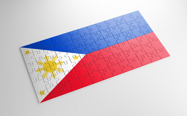Fototapeta na wymiar A jigsaw puzzle with a print of the flag of Philippines, pieces of the puzzle isolated on white background. Fulfillment and perfection concept. Symbol of national integrity. 3D illustration.