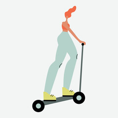 Vector illustration with woman riding kick scooter. Cartoon charcater.