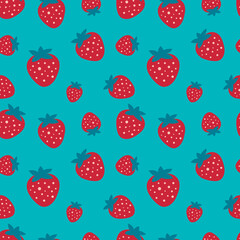 Strawberry berry on a blue background for printing on fabric, textiles, pillows. Modern cute childish seamless print. 