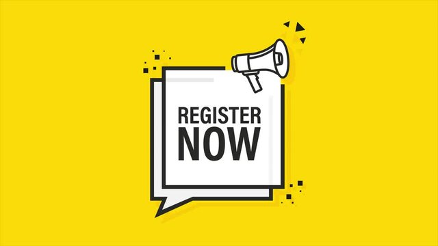Yellow register now label in modern style on white background. Banner promotion. Motion graphics.