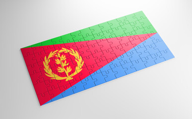 Fototapeta na wymiar A jigsaw puzzle with a print of the flag of Eritrea, pieces of the puzzle isolated on white background. Fulfillment and perfection concept. Symbol of national integrity. 3D illustration.