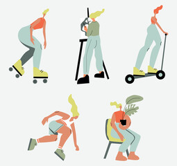 Vector collection of modern women drawings. Cartoon character. Roller skater, artist, kick scooter, runner; gardener.