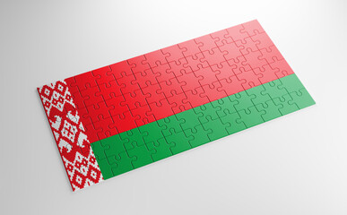 Fototapeta na wymiar A jigsaw puzzle with a print of the flag of Belarus, pieces of the puzzle isolated on white background. Fulfillment and perfection concept. Symbol of national integrity. 3D illustration.