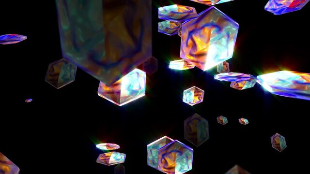 Animated abstract modern technology background with colorful multicolored decorative 3D hexagonal prisms particles floating randomly and shine in air on black background. 4K 3D render seamless loop. 