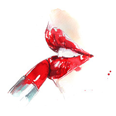 Red lips with red lipstick watercolor fashion illustration - 429573397