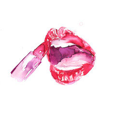 Watercolor illustration of red lips and liptick - 429573579