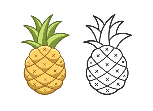 Pineapple cartoon outline clip art set. Simple flat vector illustration design. Easy coloring book page activity element for children kids. Sign symbol for agriculture tropical fresh fruit etc.