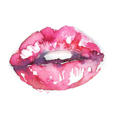 Watercolor illustration of  pink lips, kiss hand painted
