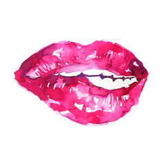 Watercolor illustration of pink lips hand painted