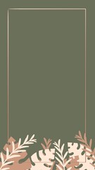 a dark green bacgkround tempalate accompanied by ornamental palm and mustard leaves. Completed with a box-shaped frame. Suitable for Instagram story template designs