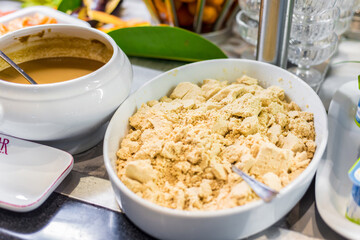 Meal dishes on food court.