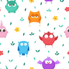 Isolated, seamless, vector pattern with forest owls. Set of cartoon animals for print, children development. Graphic, decorative, colored birds, flat design. Vector illustration