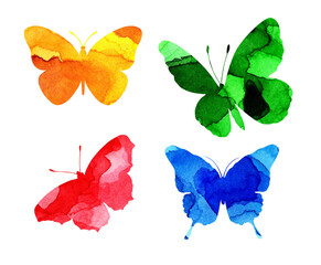 Obraz na płótnie Canvas Watercolor illustrations of beautiful multicolored silhouettes of butterflies. Insect traps. Watercolor blots, butterflies. Isolated on white. Hand-drawn.