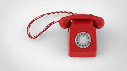 Old red telephone with cable isolated on solid white background 3d render image