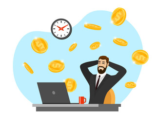 Happy businessman with laptop get money . Online income commerce business man. Joyful person makes passive profit or gain. Male web gambling and earning concept. Coin from internet eps illustration
