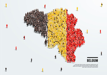 Belgium Map and Flag. A large group of people in the Belgian flag color form to create the map. Vector Illustration.