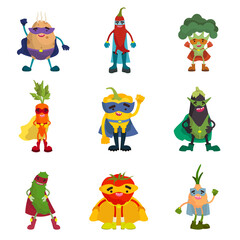 Collection of vegetable superheroes. Funny characters in cartoon style.