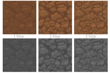 Seamless pattern ground with stones, drawing step by step soil texture for wallpaper.