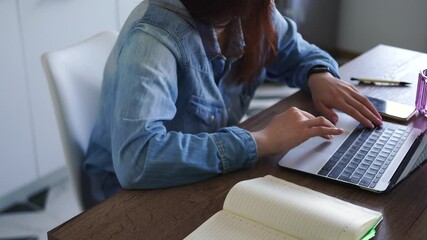 Remote employee works while sitting chair home kitchen. Notebook, pen, glass water table. Typing text laptop, texting in work chats, setting tasks, planning work week. Consultant, online bank operator