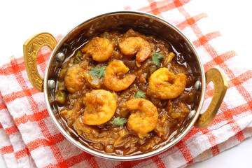 Indian food- Prawns masala or shrimp curry. Also known as Kolambi che Kalvan in Marathi. Chingri...