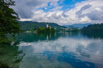 panaromic view in the slovenian alps at the Bohinjska Jezera