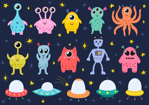 Funny space monsters set. Aliens and spaceships isolated elements collection. Great for stickers, invitations, fabric and more. Vector illustration
