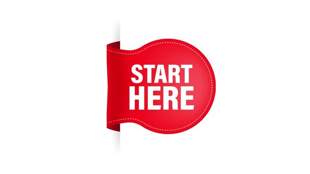 Start here red ribbon in flat style on white background. Motion graphics.
