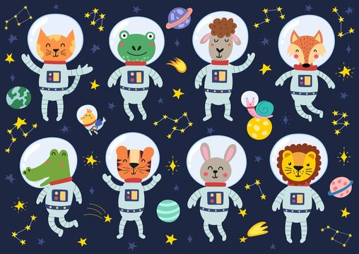 Space animals collection. Cute astronauts in space suits set. Cat, frog, sheep, fox and other characters. Cosmic elements for kids design, stickers and posters. Vector illustration