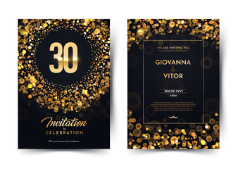 30th years birthday vector black paper luxury invitation double card. Thirty years wedding anniversary celebration brochure. Template of invitational for print on dark background with bokeh lights