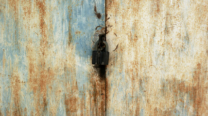 background of very old metal rusty grey garage door with handle and barn lock