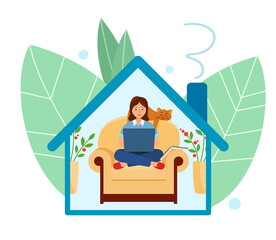 Stay at home. Work and study from home. Girl sits on chair and works