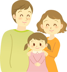 イラスト素材: 3人家族　ママが女の子の肩に手を置いてパパも笑顔で寄り添うファミリーの姿 