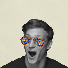 Contemporary art collage, modern design. Retro style. Shocked, astonished man in sunglasses full of colorful flowers