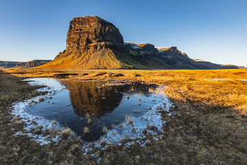 sunset in the mountains, mirrors, winter time in iceland, Lómagnúpur