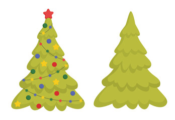 Christmas tree decorated with toys, stars and garlands. New year's clip art in cartoon style