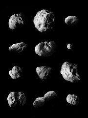 asteroids of the solar system on a black background, comparison of the sizes of different...